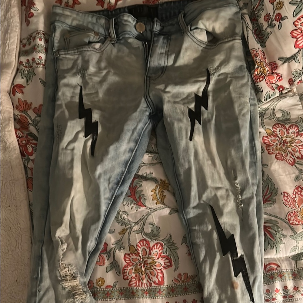 Blue and Black Skinny Pants with Distressed Look
